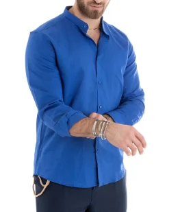 Camicia Uomo Lino Collo Coreano Sartoriale Basic Blu Royal C2669A