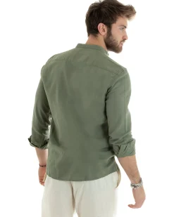 Camicia Uomo Lino Collo Coreano Sartoriale Basic Verde Militare C2666A