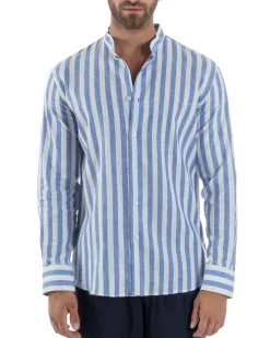 Camicia Uomo Lino Collo Coreano Riga Larga Blu C3017A