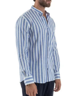 Camicia Uomo Lino Collo Coreano Riga Larga Blu C3017A
