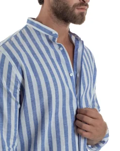 Camicia Uomo Lino Collo Coreano Riga Larga Blu C3017A