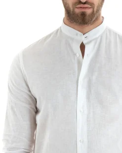 Camicia Uomo Lino Collo Coreano Sartoriale Basic Bianco C2665A