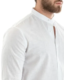 Camicia Uomo Lino Collo Coreano Sartoriale Basic Bianco C2665A
