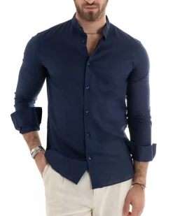 Camicia Uomo Lino Collo Coreano Sartoriale Basic Blu C2664A