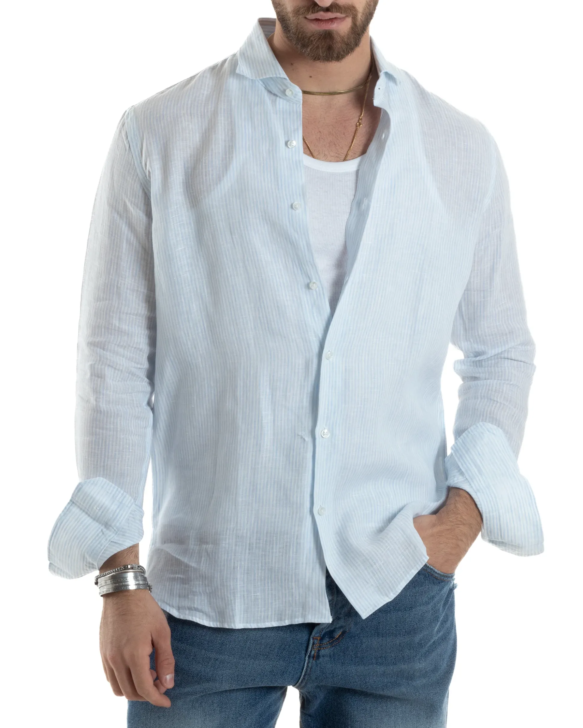 Camicia Uomo Lino Collo Francese Con Colletto Maniche Lunghe Regular Fit Riga Stretta Celeste GIOSAL-C2857A