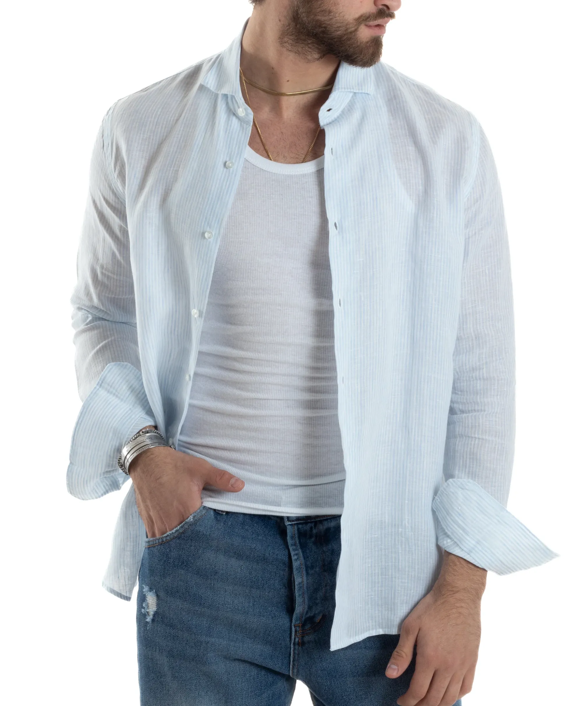 Camicia Uomo Lino Collo Francese Con Colletto Maniche Lunghe Regular Fit Riga Stretta Celeste GIOSAL-C2857A