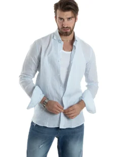 Camicia Uomo Lino Collo Francese Con Colletto Maniche Lunghe Regular Fit Riga Stretta Celeste GIOSAL-C2857A