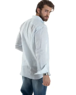 Camicia Uomo Lino Collo Francese Con Colletto Maniche Lunghe Regular Fit Riga Stretta Celeste GIOSAL-C2857A