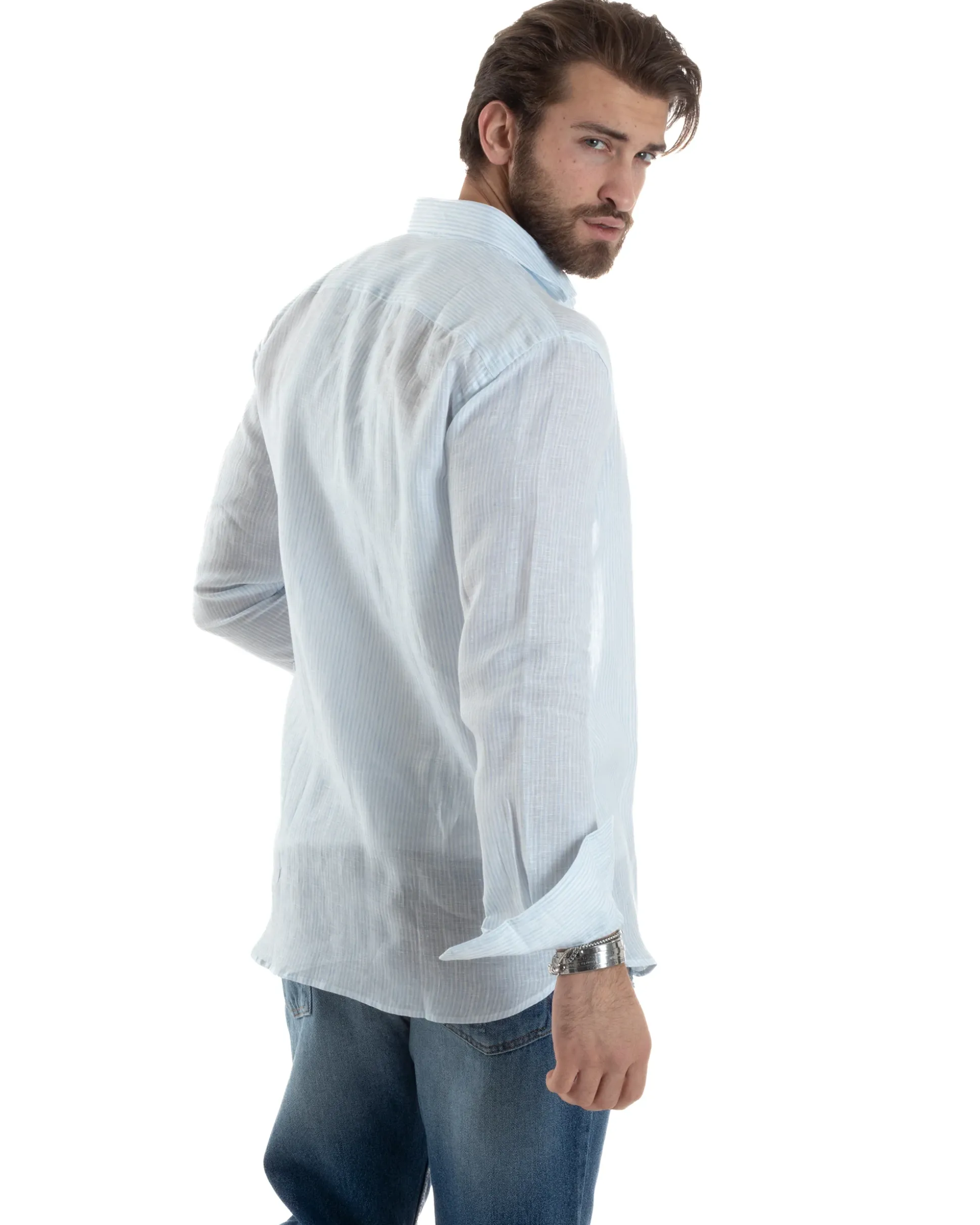 Camicia Uomo Lino Collo Francese Con Colletto Maniche Lunghe Regular Fit Riga Stretta Celeste GIOSAL-C2857A