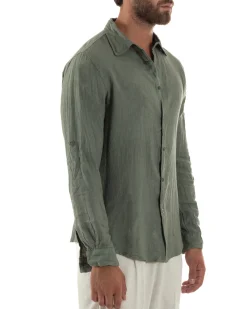 Camicia uomo lino collo francese slim fit basic casual verde GIOSAL-C3033A