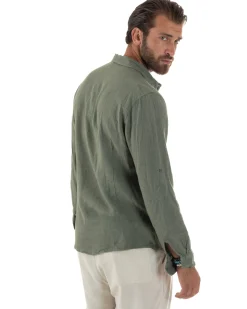 Camicia uomo lino collo francese slim fit basic casual verde GIOSAL-C3033A