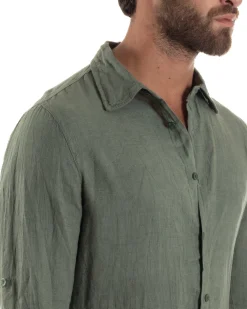 Camicia uomo lino collo francese slim fit basic casual verde GIOSAL-C3033A