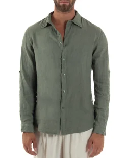 Camicia uomo lino collo francese slim fit basic casual verde GIOSAL-C3033A