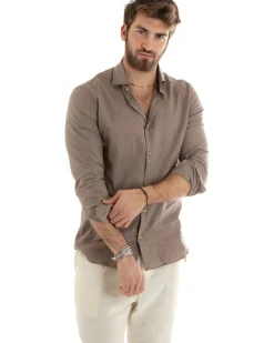 Camicia Uomo Lino Collo Francese Casual Sartoriale Tinta Unita Fango GIOSAL-C2714A