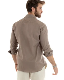 Camicia Uomo Lino Collo Francese Casual Sartoriale Tinta Unita Fango GIOSAL-C2714A