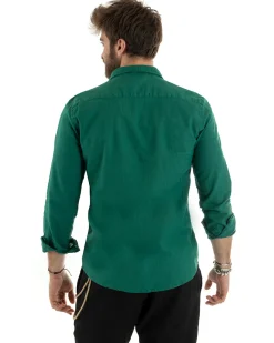 Camicia Uomo Lino Collo Francese Casual Sartoriale Tinta Unita Verde Petrolio GIOSAL-C2720A