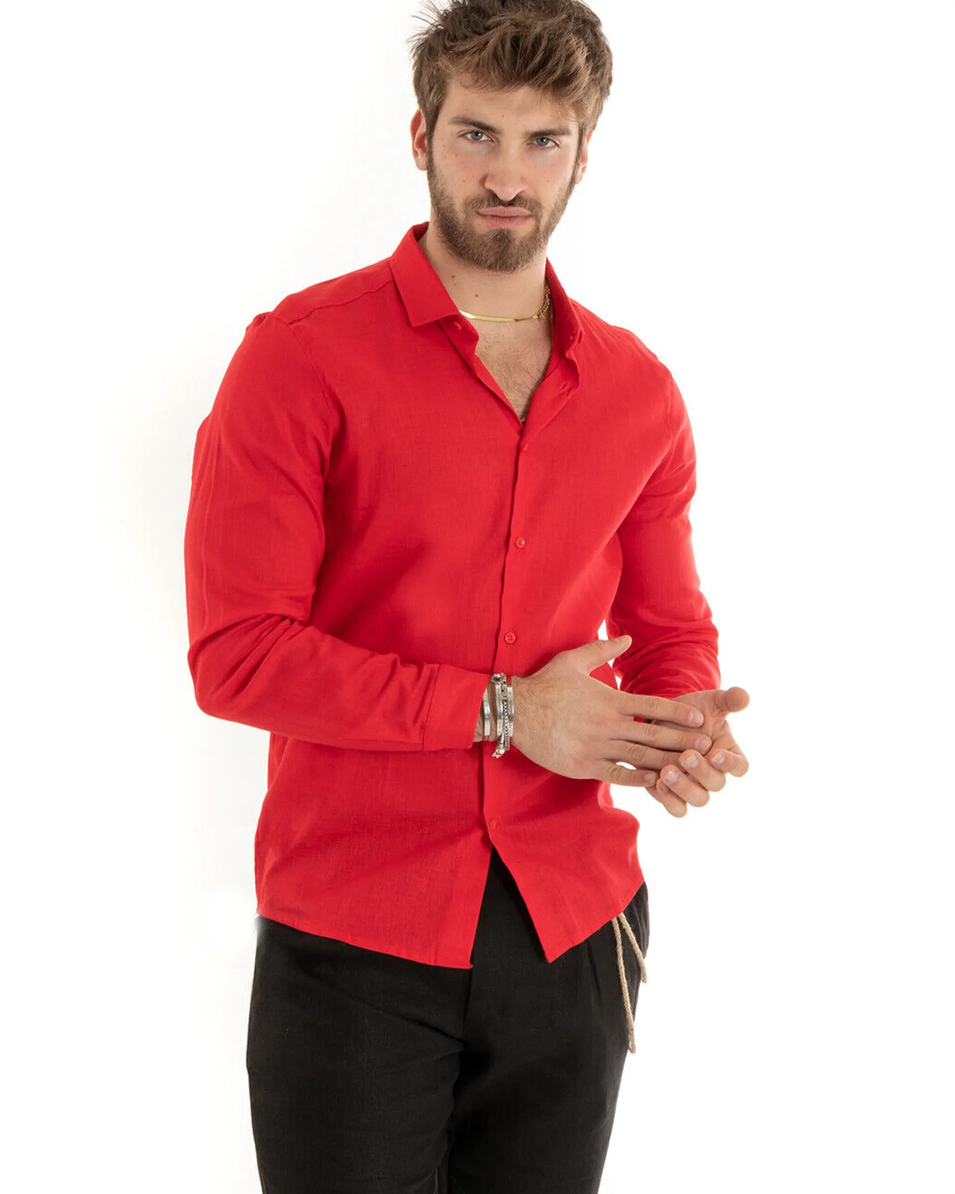 Camicia Uomo Lino Collo Francese Casual Sartoriale Tinta Unita Rosso GIOSAL-C2721A