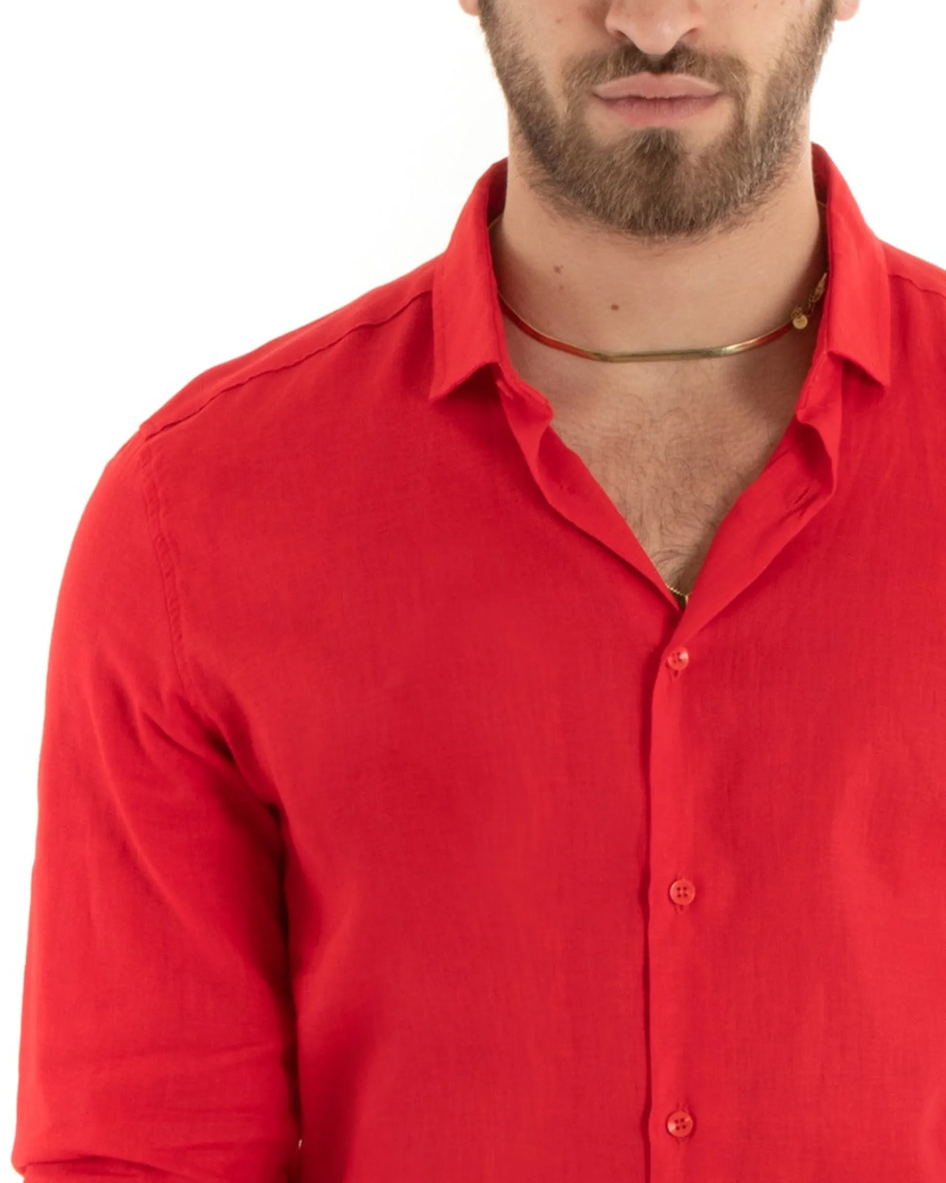 Camicia Uomo Lino Collo Francese Casual Sartoriale Tinta Unita Rosso GIOSAL-C2721A