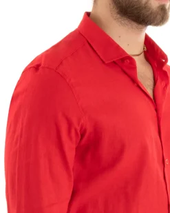 Camicia Uomo Lino Collo Francese Casual Sartoriale Tinta Unita Rosso GIOSAL-C2721A