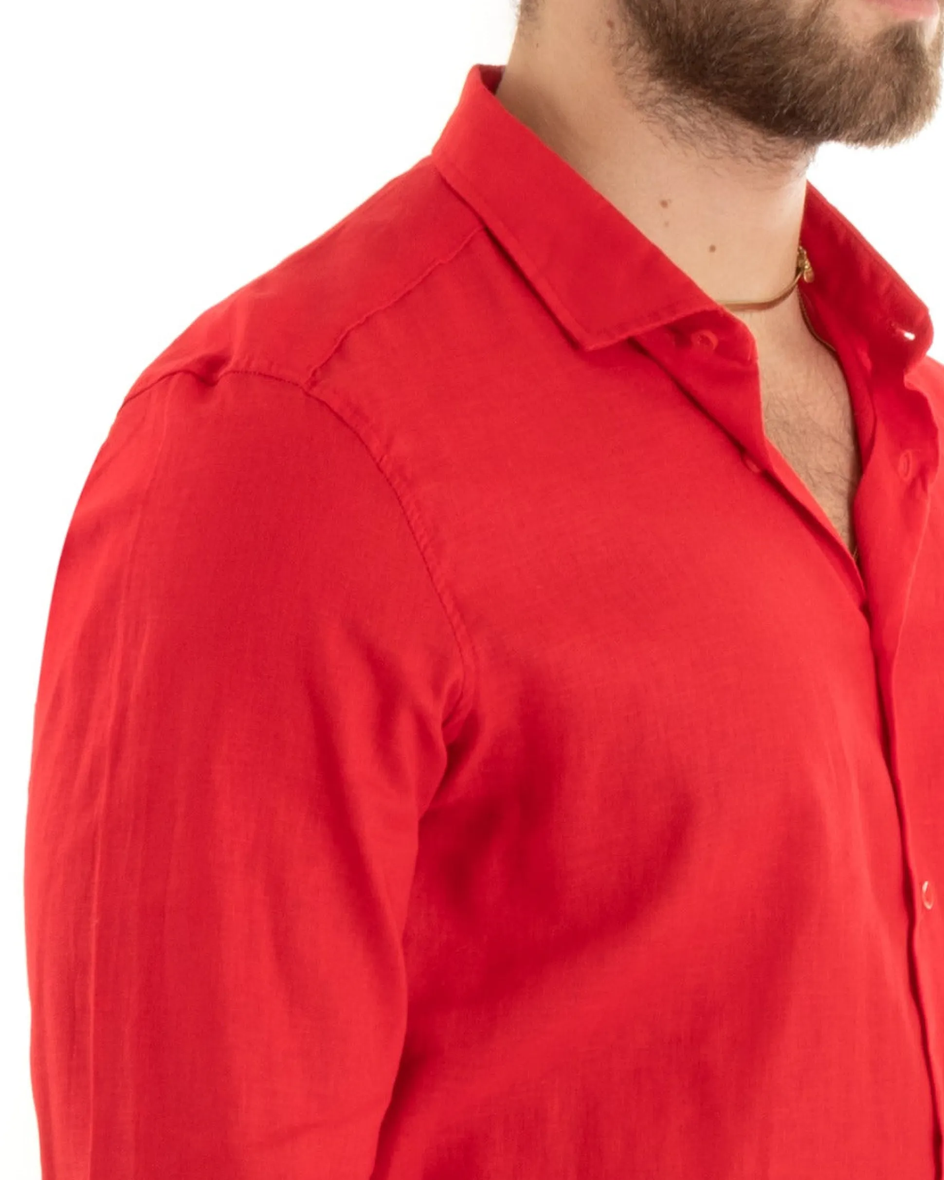 Camicia Uomo Lino Collo Francese Casual Sartoriale Tinta Unita Rosso GIOSAL-C2721A