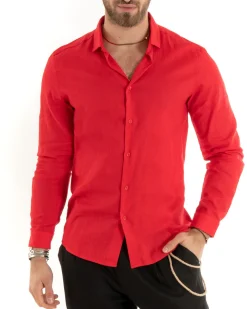 Camicia Uomo Lino Collo Francese Casual Sartoriale Tinta Unita Rosso GIOSAL-C2721A
