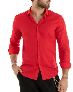 Camicia Uomo Lino Collo Francese Casual Sartoriale Tinta Unita Rosso GIOSAL-C2721A