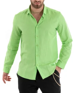 Camicia Uomo Lino Collo Francese Casual Sartoriale Tinta Unita Verde Acido GIOSAL-C2719A