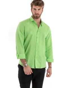 Camicia Uomo Lino Collo Francese Casual Sartoriale Tinta Unita Verde Acido GIOSAL-C2719A