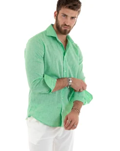 Camicia Uomo Lino Collo Francese Sartoriale Verde Menta Melangiata C3058A