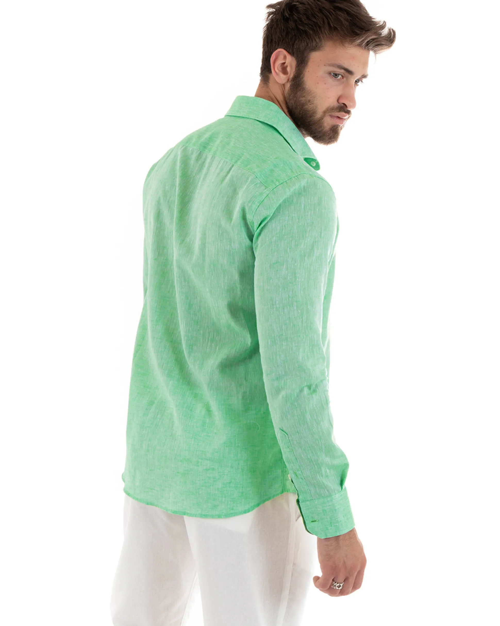 Camicia Uomo Lino Collo Francese Sartoriale Verde Menta Melangiata C3058A