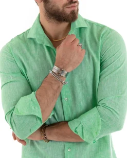 Camicia Uomo Lino Collo Francese Sartoriale Verde Menta Melangiata C3058A