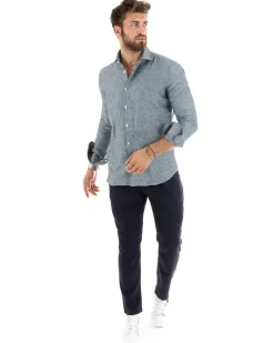 Camicia Uomo Lino Collo Francese Sartoriale Blu Melangiata C2685A