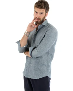 Camicia Uomo Lino Collo Francese Sartoriale Blu Melangiata C2685A
