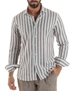 Camicia uomo lino collo francese rigata larga marrone GIOSAL-C3087A