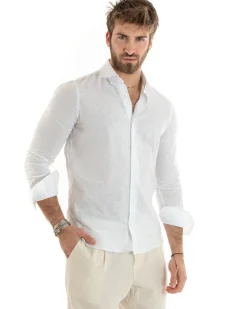 Camicia uomo lino collo francese sartoriale casual bianco GIOSAL-C2711A