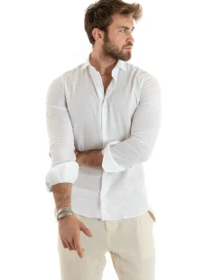 Camicia uomo lino collo francese sartoriale casual bianco GIOSAL-C2711A