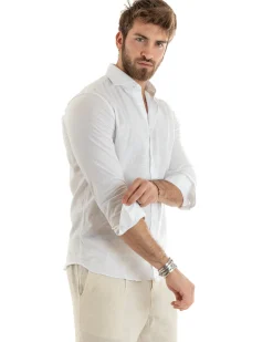 Camicia uomo lino collo francese sartoriale casual bianco GIOSAL-C2711A