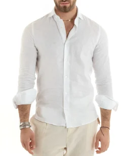 Camicia uomo lino collo francese sartoriale casual bianco GIOSAL-C2711A