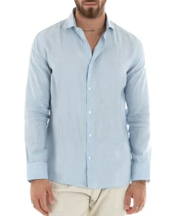 Camicia Uomo Lino Collo Francese Sartoriale Celeste Melangiata C2686A