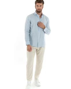 Camicia Uomo Lino Collo Francese Sartoriale Celeste Melangiata C2686A