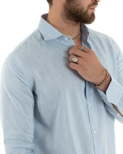 Camicia Uomo Lino Collo Francese Sartoriale Celeste Melangiata C2686A