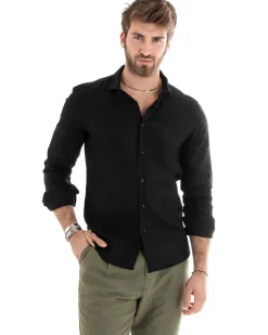 Camicia Uomo Lino Collo Francese Sartoriale Nero C2715A
