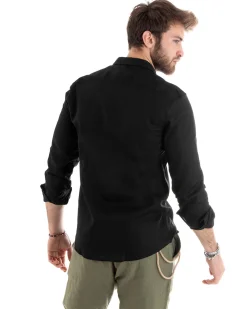 Camicia Uomo Lino Collo Francese Sartoriale Nero C2715A