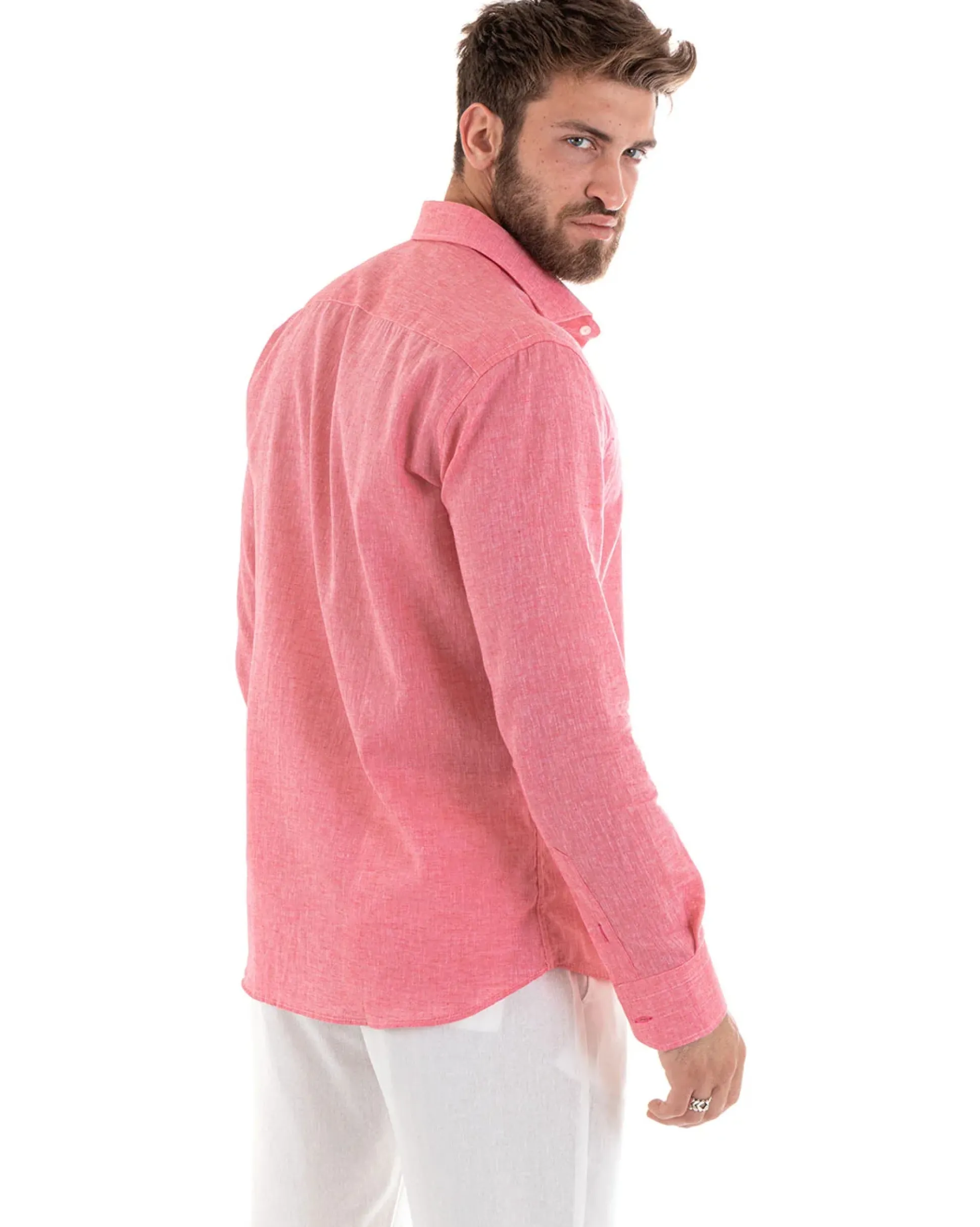 Camicia Uomo Lino Collo Francese Sartoriale Corallo Melangiata C2680A