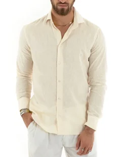 Camicia Uomo Lino Collo Francese Sartoriale Beige Melangiata C2682A
