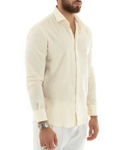 Camicia Uomo Lino Collo Francese Sartoriale Beige Melangiata C2682A
