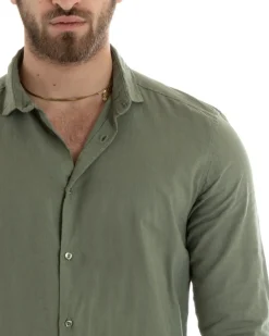 Camicia Uomo Lino Collo Francese Sartoriale Verde Militare C2713A