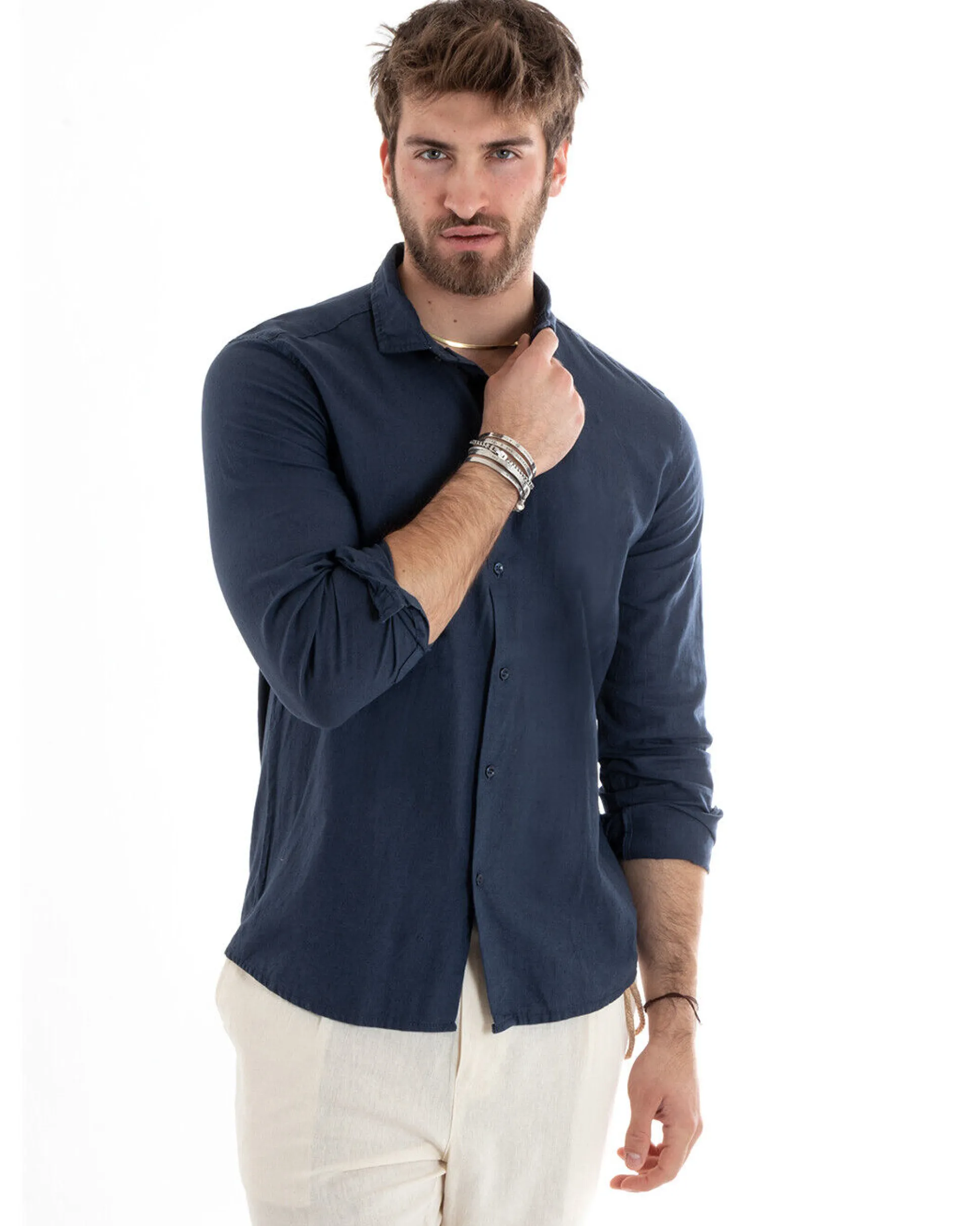 Camicia Uomo Lino Collo Francese Sartoriale Blu C2712A