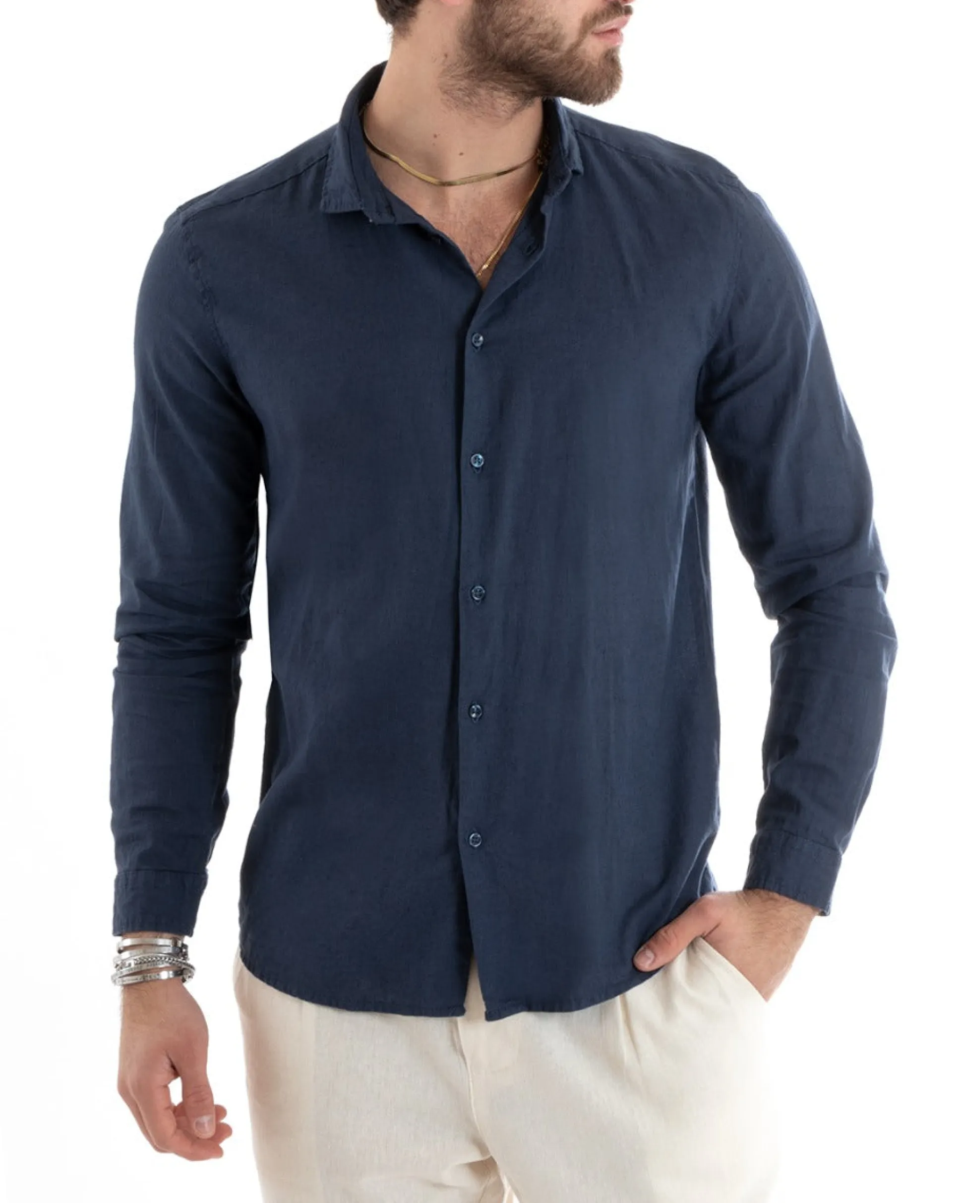 Camicia Uomo Lino Collo Francese Sartoriale Blu C2712A