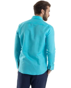 Camicia Uomo Lino Collo Francese Sartoriale Turchese C2726A